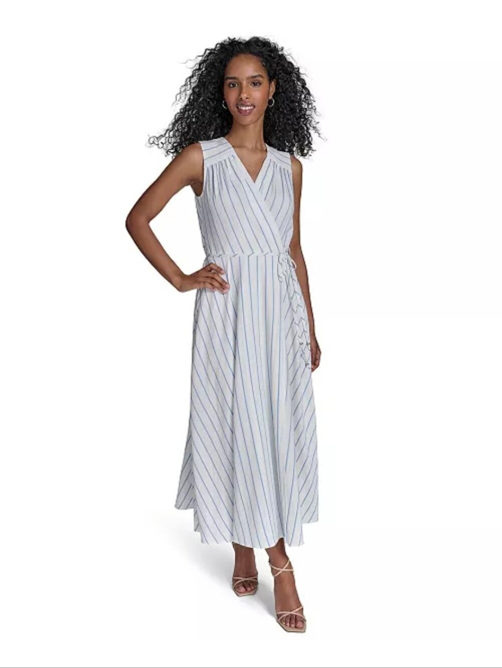 NWT Calvin Klein Blue White Stripe Faux Wrap Midi Dress Size 14 $159 Cocktail